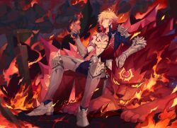 Rule 34 | 1boy, absurdres, arm support, armored boots, armored gloves, black coat, black pants, blonde hair, boots, braid, chest tattoo, chinese commentary, closed mouth, coat, commentary request, earrings, facial tattoo, flaming hand, gold earrings, gold necklace, gradient hair, hair between eyes, highres, honkai: star rail, honkai (series), jewelry, lion, male focus, medium hair, multicolored hair, mydei (honkai: star rail), necklace, open clothes, open coat, pants, planted, planted sword, planted weapon, red hair, red tattoo, side braid, sitting, sitting on animal, solo, sword, tattoo, thigh strap, toned, toned male, weapon, youzaiyouzai143