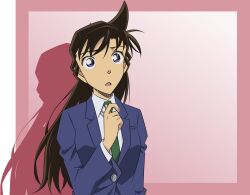 Rule 34 | 1girl, anime coloring, arm at side, black hair, blazer, blue eyes, blue jacket, collared shirt, drop shadow, floating hair, green necktie, jacket, long hair, long sleeves, meitantei conan, mouri ran, necktie, official art, open mouth, pink background, school uniform, shirt, solo, teitan high school uniform, upper body, white shirt, winter uniform