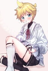 Rule 34 | 1boy, 25-ji len, black footwear, black shirt, black shorts, black socks, blonde hair, blue eyes, blue jacket, blush, bow, commentary, crying, crying with eyes open, highres, jacket, kagamine len, long sleeves, looking at viewer, male focus, official alternate costume, open mouth, project sekai, red bow, sat00e, shirt, shorts, socks, solo, tears, thigh strap, tying, vocaloid, white socks