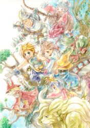 1other 3girls 4boys adelbert_steiner aqua_eyes armor armored_boots black_mage_(final_fantasy) blonde_hair blue_coat blue_hair boots bow brown_eyes brown_hair burmecian chef_hat closed_mouth coat dated dreadlocks everyone final_fantasy final_fantasy_ix freija_crescent full_armor garnet_til_alexandros_xvii gloves green_pants green_vest grey_gloves hair_bow hair_over_eyes hat hat_feather helmet highres horns juliet_sleeves long_sleeves low_ponytail mini_wings mouse_girl mouse_tail multiple_boys multiple_girls open_mouth overalls pants ponytail puffy_long_sleeves puffy_sleeves quina_quen red_coat red_footwear red_hair red_headwear salamander_coral shirt short_hair single_horn smile tail tongue tongue_out traditional_media tree twitter_username vest vivi_ornitier weapon weapon_on_back white_shirt winged_helmet wings wizard wrist_cuffs yellow_bow yellow_eyes yellow_overalls yui_norimaki zidane_tribal