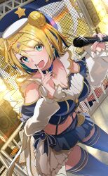 1girl absurdres artist_request bare_shoulders black_shirt black_skirt black_thighhighs blonde_hair blue_choker blue_eyes blue_hat breasts character_request choker cleavage commentary_request commission crop_top double_bun dutch_angle fang hair_bun hat highres holding holding_microphone large_breasts leaning_forward long_sleeves looking_at_viewer medium_hair microphone midriff miniskirt navel open_mouth original pleated_skirt second-party_source shirt skirt smile solo suspenders thighhighs zettai_ryouiki