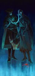 2boys armor axe belt black_boots blood blood_on_clothes bloodborne bloody_weapon blue_background boots cape chainmail character_request check_copyright chinese_commentary coat commentary_request copyright_request dark_souls_(series) full_armor full_body gloves grey_hair hat helmet highres holding holding_another&#039;s_tongue holding_axe holding_sickle male_focus multiple_boys short_hair tricorne tworain_w weapon