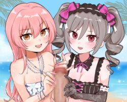 Rule 34 | 1boy, 2girls, absurdres, beach, bikini, black bikini, black gloves, blurry, blurry background, breasts, brown eyes, censored, cleavage, commission, cooperative handjob, criss-cross halter, drill hair, elbow gloves, ffm threesome, fingernails, gloved handjob, gloves, grey hair, group sex, halterneck, handjob, highres, idolmaster, idolmaster cinderella girls, jougasaki mika, kanzaki ranko, kuroshiro (lilymofumofu), large breasts, long fingernails, long hair, looking at viewer, mosaic censoring, multiple girls, nail polish, open mouth, outdoors, paid reward available, penis, pink eyes, pink hair, pink nails, skeb commission, swimsuit, teamwork (sexual), teeth, threesome, twintails, upper teeth only, white bikini