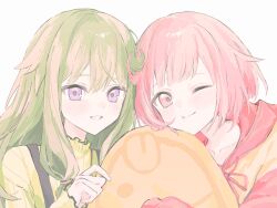 2girls ;) blush closed_mouth collarbone commentary film_grain frilled_sleeves frills green_hair grin hair_flaps head_tilt highres hood hood_down hoodie kusanagi_nene long_hair long_sleeves looking_at_viewer low-tied_sidelocks multiple_girls neck_ribbon one_eye_closed ootori_emu pale_skin pink_eyes pink_hair portrait project_sekai purple_eyes raglan_sleeves red_hood red_ribbon ribbon shirt short_hair side-by-side sidelocks simple_background smile suspenders symbol-only_commentary white_background wm_q yellow_hoodie yellow_shirt