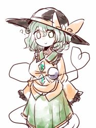 1girl ? absurdres black_hat blouse buttons c: closed_mouth collared_shirt covered_erect_nipples cowboy_shot diamond_button eyeball frilled_shirt_collar frilled_sleeves frills green_eyes green_hair green_skirt hair_between_eyes hat hat_ribbon heart heart_of_string highres komeiji_koishi long_skirt long_sleeves looking_to_the_side medium_hair ribbon shirt simple_background skirt sleeves_past_fingers sleeves_past_wrists smile solo third_eye touhou wavy_hair white_background wide_sleeves yanaiba_(shishamohurai) yellow_ribbon yellow_shirt