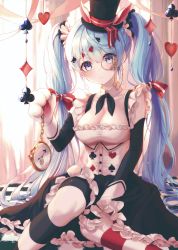 1girl absurdres alice_in_wonderland animal_ears asymmetrical_legwear bbeedol black_skirt blue_eyes blue_hair breasts checkered_floor club_(shape) club_hair_ornament commentary cosplay curtains detached_collar diamond_(shape) diamond_hair_ornament dress english_commentary expressionless female_focus framed_breasts frilled_dress frilled_skirt frills hair_ornament hat hatsune_miku heart heart_hair_ornament heart_print highres holding holding_pocket_watch large_breasts long_hair looking_at_viewer mismatched_legwear monocle pantyhose pocket_watch rabbit_ears rabbit_paws sitting skirt solo spade_(shape) spade_hair_ornament striped_clothes striped_legwear striped_pantyhose symbol-only_commentary top_hat twintails very_long_hair vocaloid watch white_rabbit_(alice_in_wonderland) white_rabbit_(cosplay)