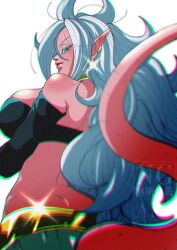 1girl android_21 bare_shoulders black_tube_top blue_eyes breasts colored_skin cowboy_shot dragon_ball dragon_ball_fighterz earrings from_behind glint grey_background harem_pants highres hoop_earrings jewelry large_breasts long_hair looking_at_viewer looking_back majin_android_21 pants pink_lips pink_skin pink_tail pointy_ears simple_background solo stktik09060906 strapless tube_top white_hair