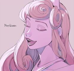 1girl animification aurora_(disney) blonde_hair closed_eyes disney dress jewelry long_hair long_sleeves looking_at_viewer makeup multicolored_hair open_mouth pano_(mohayayamai) simple_background sleeping_beauty_(disney) smile solo streaked_hair tiara