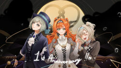 ! !! 3girls ^_^ anniversary arm_behind_back ascot black_coat black_hat black_vest blazer blue_bow blue_hairband boater_hat bow bowtie checkered_hairband closed_eyes closed_mouth coat collared_dress collared_shirt dark_background dress gloves green_eyes grey_cloak grey_eyes grey_hair grey_jacket gyaru_v hair_bun hairband hat hat_bow highres hofmann_knot holding_another&#039;s_arm holding_hands jacket long_hair looking_at_viewer matilda_bouanich multiple_girls one_side_up open_mouth p0popipo red_bow red_bowtie reverse:1999 shirt short_hair silhouette single_side_bun smile sonetto_(reverse:1999) traditional_bowtie two_side_up upper_body v vertin_(reverse:1999) vest waistcoat water_drop white_ascot white_dress white_gloves white_shirt