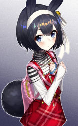 1girl :o animal_ears backpack bag bell black_hair blue_eyes blush bow female_focus hair_bell hair_between_eyes hair_bow hair_ornament hairband jingle_bell long_sleeves original overall_skirt overalls parted_lips plaid_clothes plaid_skirt rabbit_ears rabbit_girl rabbit_tail red_overalls shirt short_hair skirt sleeves_past_wrists solo striped_bow striped_clothes striped_shirt tail the_cold white_bow white_hairband white_shirt