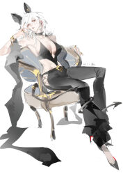 1girl absurdres alternate_costume bare_shoulders black_choker black_horns black_nails black_pants black_shoes breasts choker collarbone commentary curled_horns earrings fingernails hashtag-only_commentary high_heels highres horns jewelry key_earrings large_breasts long_fingernails long_hair looking_at_viewer mole mole_on_breast nail_polish pants parted_lips red_eyes shoes shuangbatian solo white_hair wuthering_waves zani_(wuthering_waves)