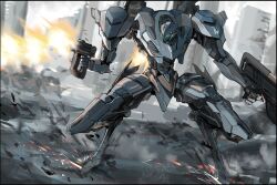 Rule 34 | absurdres, armored core, armored core vi: fires of rubicon, assault visor, asymmetrical dual wielding, city, dual wielding, gun, highres, holding, holding gun, holding weapon, machine gun, mecha, no humans, reverse-jointed legs, robot, ryou (ponpgo), science fiction, steel haze, thrusters, weapon