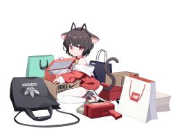 1girl absurdres adidas animal_ear_hairband animal_ears artist_request bag banknote bell belt_collar black_hair black_hairband black_tail box cat_ear_hairband cat_ears cat_tail character_name collar commentary_request fake_animal_ears footwear_request grin gun hairband highres jacket jingle_bell korean_commentary looking_at_viewer money neck_bell new_balance nike_(company) off_shoulder one-piece_swimsuit original prunechi raised_eyebrows red_collar red_eyes red_jacket second-party_source shoes shopping_bag short_hair simple_background sitting smile sneakers solo swimsuit tail thighhighs weapon white_background white_one-piece_swimsuit white_thighhighs