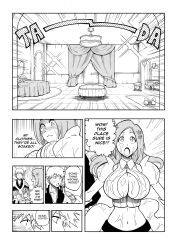 bleach bleach:_sennen_kessen-hen breasts cleavage cleavage_cutout clothing_cutout comic detached_sleeves hair_ornament inoue_orihime kurosaki_ichigo large_breasts long_hair monochrome tagme