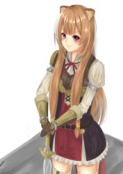 1girl animal_ears armor black_dress boots breastplate breasts brown_boots brown_gloves brown_hair closed_mouth commentary cowboy_shot dress elbow_gloves eyelashes gloves hair_tubes hands_on_hilt high_collar layered_dress long_hair long_sleeves looking_at_viewer masaki_(sibamasa) medium_breasts metal_arm_cuffs metal_hair_tubes metal_wrist_cuffs neck_ribbon pauldrons pink_eyes pleated_dress raphtalia red_dress red_ribbon ribbon short_dress shoulder_armor single_pauldron smile solo standing tate_no_yuusha_no_nariagari thigh_boots thighhighs two-tone_dress white_background white_dress zettai_ryouiki