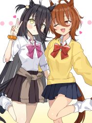 2girls agnes_tachyon_(umamusume) ahoge alternate_hairstyle animal_ears black_hair black_skirt blue_skirt blush bow bowtie breasts brown_hair brown_sweater cat_hair_ornament clothes_around_waist collared_shirt crossed_bangs embarrassed eyes_visible_through_hair flat_chest gyaru hair_between_eyes hair_ornament hand_up highres horse_ears horse_girl horse_tail huge_ahoge leg_up long_bangs long_hair long_hair_between_eyes long_sleeves looking_at_another loose_bowtie loose_socks manhattan_cafe_(umamusume) medium_hair multicolored_hair multiple_girls nochatea one_eye_closed one_side_up open_mouth orange_scrunchie pink_bow pink_bowtie pleated_skirt red_bow red_bowtie red_eyes scrunchie shirt shirt_tucked_in skirt sleeves_rolled_up small_breasts smile socks standing sweater sweater_around_waist tail umamusume v very_long_hair white_hair white_shirt white_socks wolf_cut wrist_scrunchie yellow_eyes yellow_sweater