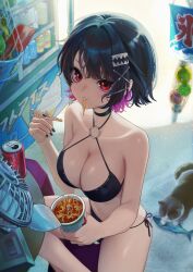 1girl absurdres alternate_costume bikini black_bikini black_choker black_hair breasts can cat choker chopsticks collarbone colored_inner_hair cup cup_ramen day drink_can eating electric_fan ellen_joe highres holding holding_chopsticks holding_cup large_breasts light_particles looking_at_viewer multicolored_hair mumu_0221 navel red_eyes short_hair side-tie_bikini_bottom sitting soda_can solo stomach swimsuit zenless_zone_zero
