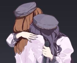 Rule 34 | 2girls, 4th live dream ~bloom the dream believers~, animification, black background, black hair, black hat, brown hair, cerise bouquet, commentary, dream believers, dress, flower, grey nails, hair flower, hair ornament, hanamiya nina, hand on another&#039;s shoulder, hashtag-only commentary, hat, highres, hug, link! like! love live!, long hair, long sleeves, love live!, multiple girls, nail polish, nirei nozomi, official alternate costume, pink dress, real life, red flower, sio pasta, upper body, voice actor