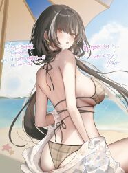 1girl ass bare_shoulders beach beach_umbrella bikini black_hair breasts brown_bikini earrings from_behind girls&#039;_frontline girls&#039;_frontline_2:_exilium halterneck heterochromia highres jewelry korean_text large_breasts long_hair looking_at_viewer low_twintails median_furrow multicolored_hair off_shoulder open_mouth phago plaid_bikini plaid_clothes red_eyes ro635_(girls&#039;_frontline) sitting solo streaked_hair string_bikini swimsuit twintails umbrella very_long_hair wet yellow_eyes