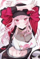 1girl absurdres arms_up baseball_cap black_hat black_jacket black_pants blurry blurry_foreground blush breasts cleavage collarbone commentary death-sensei_(mori_calliope) english_commentary fingernails fishnet_top fishnets grin hat high_ponytail highres hololive hololive_english jacket jewelry kamiya_maneki large_breasts long_hair long_sleeves looking_at_viewer midriff mori_calliope mori_calliope_(streetwear) multicolored_jacket nail_polish navel necklace pants pink_eyes pink_hair pink_jacket pink_nails ponytail signature smile solo stomach tank_top twitter_username two-tone_jacket virtual_youtuber white_background white_tank_top