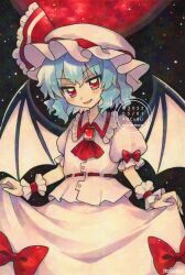 Rule 34 | 1girl, artist name, ascot, bat wings, blue hair, blush, bow, bow skirt, collared shirt, commentary, dated, frilled shirt collar, frills, full moon, hashtag-only commentary, hat, hat ribbon, highres, looking at viewer, maa (forsythia1729), mob cap, moon, open mouth, pink hat, pink shirt, pink skirt, red ascot, red bow, red brooch, red eyes, red moon, remilia scarlet, ribbon, shirt, short sleeves, skirt, skirt hold, sleeve bow, smile, solo, touhou, traditional media, twitter username, watermark, wings, wrist cuffs