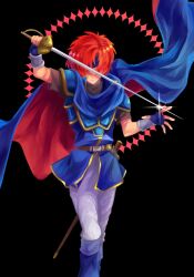 1boy armor blue_armor cape fire_emblem fire_emblem:_the_binding_blade gloves headband highres holding holding_sword holding_weapon namakonbu_ri nintendo rapier red_hair roy_(fire_emblem) short_hair sword weapon