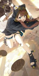 1girl absurdres animal_ears arknights black_jacket black_shorts blue_eyes brown_hair brown_tail cat_ears cat_girl cat_tail commentary_request ears_under_headwear extra_ears fang flower hammer highres holding holding_hammer holding_weapon hood hood_down hooded_jacket huge_weapon infection_monitor_(arknights) jacket long_hair looking_at_viewer o-ring o-ring_thigh_strap open_mouth pepe_(arknights) shorts smile solo songchuan_li standing standing_on_one_leg tail tail_ornament thigh_strap toenails toes war_hammer weapon white_flower
