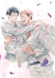 2boys alternate_costume belt bisexual_flag black_belt black_hair carrying closed_eyes commentary couple formal_clothes fushiguro_megumi green_necktie hair_slicked_back happy highres itadori_yuuji jewelry jujutsu_kaisen lgbt_pride long_sleeves male_focus multiple_boys necktie neskuna open_mouth orange_necktie pansexual_flag pants pink_hair pride_month princess_carry ring scar scar_on_face scar_on_forehead scar_on_mouth short_hair simple_background smile suit symbol-only_commentary teeth tongue twitter_username undercut wedding wedding_ring white_background white_pants white_suit yaoi