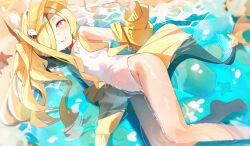 1girl absurdres animal_ear_fluff animal_ears ayu_(user_xkhp7843) bare_legs bare_shoulders barefoot beach blonde_hair blue_archive blush breasts closed_mouth covered_navel cross_halo diamond_cutout extra_ears feet fox_ears fox_girl fox_tail hair_over_one_eye halo highleg highleg_one-piece_swimsuit highres holding holding_removed_eyewear jacket legs loli long_hair long_sleeves looking_at_viewer lying off_shoulder official_alternate_costume on_side one-piece_swimsuit one_eye_covered partially_submerged sand seia_(blue_archive) seia_(swimsuit)_(blue_archive) side_ponytail small_breasts smile solo starfish sunglasses swimsuit tail tail_ornament thighs toes unworn_eyewear very_long_hair visor_cap water wet white_one-piece_swimsuit yellow_halo yellow_jacket yellow_visor