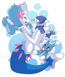 absurdres blue_eyes blue_hair brionne evolutionary_line fang fins fizzydog gem gen_7_pokemon hair_ornament highres long_hair nintendo pearl_(gemstone) pokemon pokemon_(creature) popplio primarina smile starfish_hair_ornament twitter_username