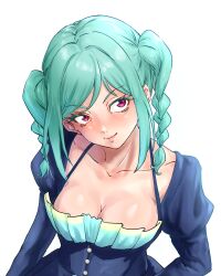 1girl aqua_hair blue_dress braid braided_twintails breasts cleavage closed_mouth collarbone dress eggprotain frilled_dress frills highres large_breasts long_sleeves looking_to_the_side love_live! love_live!_superstar!! medium_hair onitsuka_tomari pink_eyes pink_lips sidelocks simple_background solo strap twin_braids twintails upper_body white_background