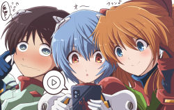 1boy 2girls ayanami_rei blue_eyes blue_hair blush bodysuit brown_eyes brown_hair cellphone commentary_request earphones fujitaka_nasu green_eyes ikari_shinji mecha_pilot_suit multiple_girls neon_genesis_evangelion open_mouth orange_hair phone plugsuit_(evangelion) red_bodysuit red_eyes revision shared_earphones smartphone souryuu_asuka_langley spoken_squiggle squiggle wavy_mouth white_background white_bodysuit