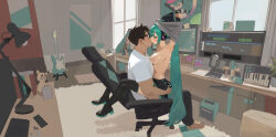 1boy 1girl aqua_hair arm_tattoo arms_up black_boots black_skirt black_sleeves boots box breasts cardboard_box carpet chair closed_eyes commentary desk_lamp detached_sleeves electric_guitar english_commentary gen_7_pokemon glasses guitar hatsune_miku headphones hetero indoors instrument lamp large_breasts long_hair microphone mimikyu monitor nipples office_chair pleated_skirt poster_(object) sex shirt short_hair sitting skirt smewed stuffed_toy swivel_chair tattoo thigh_boots topless_female twintails undressing very_long_hair vocaloid white_shirt window