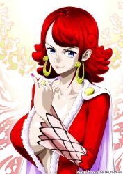 1girl amazon_lily artist_name breasts closed_mouth covered_erect_nipples female_focus highres large_breasts mature_female nel-zel_formula one_piece smile text_focus toritoma_(one_piece)