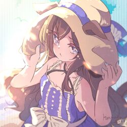 1girl animal_ears artist_name black_hair blue_eyes blush breasts closed_mouth collarbone fingernails hair_between_eyes hair_ornament honkawa_works horse_ears horse_girl lens_flare long_hair looking_at_viewer medium_breasts mejiro_dober_(umamusume) mejiro_dober_(vacation_safir)_(umamusume) official_alternate_costume ribbon umamusume