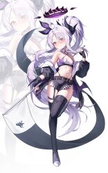 1girl 3: absurdres ahoge alternate_costume bare_shoulders belt black_belt black_gloves black_halo black_horns black_jacket black_ribbon black_skirt black_thighhighs blue_archive blush boots breasts closed_mouth criss-cross_halter demon_horns demon_wings detached_collar dot_nose embarrassed fingerless_gloves flag frown full_body garter_straps gloves grey_footwear grey_hair hair_ribbon halo halterneck highleg highres hina_(blue_archive) horns jacket leg_up loli long_hair looking_at_viewer low_wings miniskirt multicolored_ribbon navel nose_blush off_shoulder open_clothes open_jacket panty_straps parted_bangs pelvic_curtain ponytail purple_eyes purple_halo purple_ribbon race_queen ribbon shirt shoes side_slit single_garter_strap skindentation skirt sleeveless sleeveless_shirt small_breasts spaghetti_strap standard_bearer sweatdrop thigh_boots thigh_strap thighhighs thighs two-tone_shirt ugwa v-shaped_eyebrows very_long_hair wings zettai_ryouiki zoom_layer