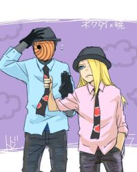 Rule 34 | 2boys, anger vein, black gloves, blonde hair, blue eyes, deidara (naruto), flying sweatdrops, gloves, hand in pocket, hat, height difference, long hair, looking at another, male focus, mask, meitarou, multiple boys, naruto (series), naruto shippuuden, necktie, necktie grab, neckwear grab, pants, shirt, short hair, tobi (naruto), uchiha obito