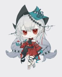 01252574 1girl absurdres aqua_gloves aqua_hat arknights ascot black_ascot chibi chibi_only commentary dress full_body gloves grey_background grey_hair hair_between_eyes hat highres holding long_hair long_sleeves parted_lips red_dress red_eyes simple_background skadi_(arknights) skadi_the_corrupting_heart_(arknights) solo standing symbol-only_commentary very_long_hair