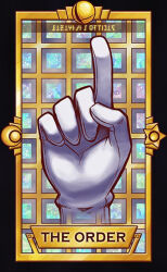 Rule 34 | black border, border, card (medium), commentary, crescent, disembodied hand, english commentary, english text, gloves, grid background, master hand, nintendo, no humans, pointing, pointing up, quas-quas, smash ball, solo, star (symbol), super smash bros., tarot, tarot (medium), white gloves