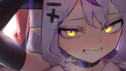 Rule 34 | 1girl, black collar, blush, close-up, collar, highres, hololive, la+ darknesss, long hair, long sleeves, purple hair, sauce darusungi, simple background, smirk, solo, thumbnail collage, virtual youtuber, white background
