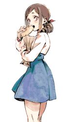 Rule 34 | 1girl, bag, blue skirt, bread bun, brown hair, drill hair, drill ponytail, eating, feet out of frame, food, hair over shoulder, highres, holding, holding bag, holding food, idolmaster, idolmaster cinderella girls, imay3927, kneepits, long sleeves, looking at viewer, looking back, low ponytail, medium hair, ohara michiru, ponytail, raised eyebrows, red eyes, shirt, shirt tucked in, short bangs, short eyebrows, sidelocks, simple background, skirt, solo, standing, twisted torso, white background, white shirt