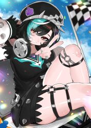 1girl absurdres aqua_hair arm_behind_head beret black_hair black_hat black_shirt blue_sky checkered_flag colored_inner_hair commentary confetti day flag grin hands_up hat head_tilt headphones headphones_around_neck highres hololive hololive_dev_is knee_strap knee_up long_shirt long_sleeves looking_at_viewer multicolored_hair o-ring o-ring_thigh_strap off-shoulder_shirt off_shoulder outdoors purple_hair raglan_sleeves red_eyes rindo_chihaya shirt sitting skindentation sky smile solo streaked_hair swept_bangs symbol-only_commentary thigh_strap v virtual_youtuber white_hair yuuppi