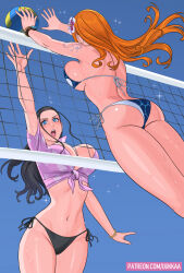 Rule 34 | 2girls, alternate costume, ass, back-tie bikini, ball, bikini, black hair, blue background, blue eyes, bracelet, breasts, cleavage, curvy, female focus, flower, hair flower, hair ornament, highres, jewelry, jumping, large breasts, log pose, long hair, multiple girls, nami (one piece), nico robin, official alternate costume, one piece, open mouth, orange hair, shiny skin, shirt, side-tie bikini bottom, simple background, string bikini, sweat, swimsuit, thick thighs, thighs, thong, thong bikini, uukkaa, volleyball, volleyball (object), volleyball net, wide hips