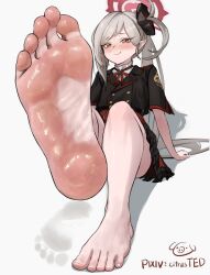 1girl :q barefoot blue_archive blush citrusted feet footprints highres long_hair looking_at_viewer mutsuki_(blue_archive) pointy_ears red_eyes side_ponytail soles toes tongue tongue_out white_hair