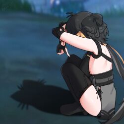 1girl antenna_hair back bare_shoulders black_boots black_hair blurry blurry_background boots bow breasts cat_shadow_puppet_(meme) elbow_pads female_rover_(wuthering_waves) gloves grass hair_bow hashtag-only_commentary large_breasts long_hair low-tied_long_hair maysrain5 meme night outdoors partially_fingerless_gloves pelvic_curtain ribbon rover_(wuthering_waves) shadow solo squatting tacet_mark_(wuthering_waves) thigh_boots wuthering_waves yellow_ribbon