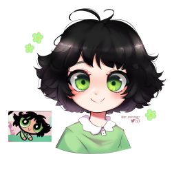 1girl absurdres artist_name black_hair blush buttercup_(ppg) buttercup_redraw_challenge_(meme) cropped_torso derivative_work green_eyes green_pajamas highres looking_at_viewer meme messy_hair pajamas powerpuff_girls pr_ponnyan reference_inset screenshot_inset screenshot_redraw short_hair solo white_background