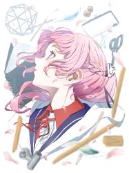 Rule 34 | 1girl, absurdres, blue eyes, blush, braid, cellphone, commentary request, floating hair, highres, jacket, kaf (kamitsubaki studio), kamitsubaki studio, kino (kin0 oz), long hair, looking up, notebook, pencil, petals, phone, pink hair, ponytail, profile, scissors, smartphone, solo, white jacket, yellow pupils