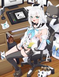 1girl absurdres ahoge animal_ear_fluff animal_ear_piercing animal_ears aqua_eyes bare_shoulders black_shorts black_tail black_thighhighs blue_neckerchief boots braid brown_boots chair clock computer computer_keyboard computer_mouse computer_tower crossed_bangs detached_sleeves digital_clock double-parted_bangs drawing_tablet earrings extra_ears fang fox_ears fox_girl fox_shadow_puppet fox_tail front_slit full_body gaming_chair highres hiragi_moka hololive hood hoodie indoors jewelry key long_hair looking_at_viewer low-tied_long_hair miteiru_(shirakami_fubuki) monitor mousepad_(object) multicolored_tail multiple_monitors navel neckerchief nejima_kitsune_(shirakami_fubuki) on_chair oruyanke_(shirakami_fubuki) pentagram sailor_collar shirakami_fubuki shirakami_fubuki_(1st_costume) shorts side_braid sidelocks single_braid single_earring single_thighhigh skin_fang solo stylus sukonbu_(shirakami_fubuki) swivel_chair table tail thigh_strap thighhighs virtual_youtuber white_hair white_hoodie white_tail wide_sleeves wooden_floor wooden_table