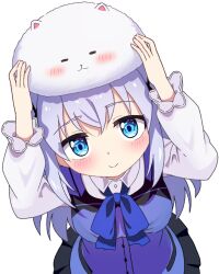 Rule 34 | 1girl, :3, angora rabbit, animal, animal on head, arms up, black skirt, blue bow, blue bowtie, blue eyes, blue hair, blue vest, blush, bow, bowtie, closed mouth, collared shirt, commentary request, cowboy shot, dutch angle, from above, gochuumon wa usagi desu ka?, hair between eyes, hair ornament, kafuu chino, long hair, long sleeves, looking at viewer, looking up, on head, pleated skirt, poteto furai, rabbit, shirt, simple background, skirt, smile, solo, split mouth, tippy (gochiusa), upturned eyes, vest, white background, white shirt, x hair ornament