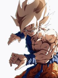 Rule 34 | 1boy, bare shoulders, battle damage, blonde hair, blood, blood from mouth, blue sash, blue shirt, dragon ball, dragonball z, fighting stance, green eyes, highres, male focus, medium hair, muscular, n v9q, orange pants, pants, sash, shirt, simple background, solo, son goku, spiked hair, super saiyan, super saiyan 1, torn clothes, torn shirt, white background